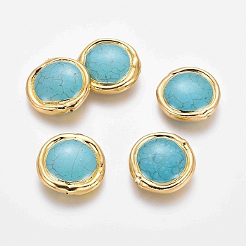 Synthetic Turquoise Beads, with Brass Findings, Flat Round, Dyed, Golden, 20~24x20~21x6mm, Hole: 0.8mm