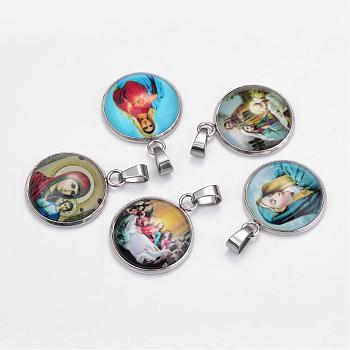 Virgin Mary Theme Glass Pendants, with 201 Stainless Steel Findings, Flat Round, Mixed Color, 26.5x22x6.5mm, Hole: 6x4mm