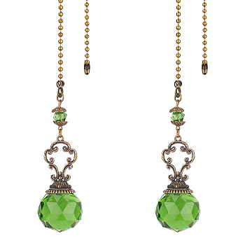 Faceted Glass Round Big Pendant Decorations, with Tibetan Style Alloy Findings, Lime, 410mm, 2pcs/set