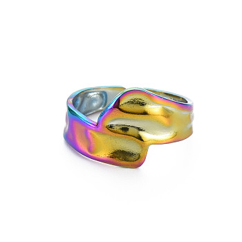 Rainbow Color 304 Stainless Steel Irregular Wide Band Open Cuff Ring for Women, US Size 9(18.9mm)