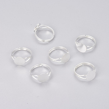 Adjustable Brass Finger Ring Settings, Pad Ring Base Findings, Round, Silver Color Plated, Size: about 17mm inner diameter, Round Tray: 10mm in diameter