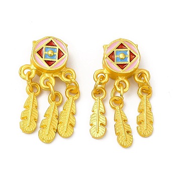 Rack Plating Alloy Enamel Beads, Woven Web/Net with Feather, Matte Gold Color, 25x12.5x6mm, Hole: 3mm