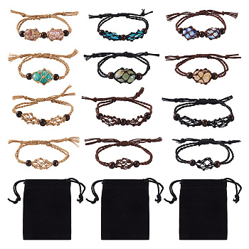 6Pcs Adjustable Braided Waxed Polyester Cord Macrame Pouch Bracelet Making, Interchangeable Stone, with Wood Beads, with 6Pcs Rectangle Velvet Pouches, Mixed Color, Inner Diameter: 2-3/8~3 inch(6~7.5cm)