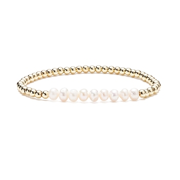 Natural Pearl & Brass Beaded Stretch Bracelet for Women, Old Lace, Inner Diameter: 2-1/4 inch(5.8cm)
