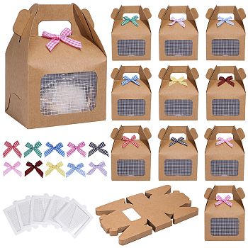 50Pcs Rectangle Kraft Paper Desserts Packing Tote Boxes with Visible Window, with Plastic Disposable Shower Floor Drain Sticker, 60Pcs 10 Colors Tartan Pattern Polyester Bowknot Embellishmen, Mixed Color, 10.5x8.5x14.5cm