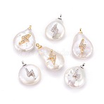 Natural Cultured Freshwater Pearl Pendants, with Brass Cubic Zirconia Cabochons, Long-Lasting Plated, Nuggets with Lightning Bolt, Mixed Color, 17~25x12~15x6~8mm, Hole: 1.4mm(PEAR-F008-38)