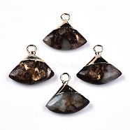 Fan Assembled Synthetic Bronzite and Aqua Terra Jasper Pendants, with Iron Loop and Light Gold Plated Brass Top, 18~19x18~19x5~6mm, Hole: 2mm(G-N330-024-C01)