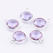 Silver Color Plated Brass Glass Flat Round Charms, Faceted, Alice Blue, 12x8.5x3mm, Hole: 1.5mm(GLAA-M003-A-12S)