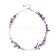 Natural Amethyst Chip Beaded Necklace with Wing, Gemstone Jewelry for Women, 16.14~16.54 inch(41~42cm)(NJEW-TA00022-01)