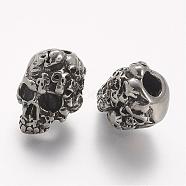 304 Stainless Steel European Beads, Skull, Large Hole Beads, Antique Silver, 15.5x11x11.5mm, Hole: 4mm(STAS-A032-026AS)