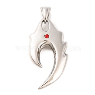 316 Surgical Stainless Steel Pendants, with Rhinestone, Flame Wolf Fang Charm, Stainless Steel Color, 23x45x6.5mm, Hole: 9x4.5mm(STAS-Z073-23P)