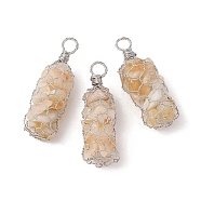 Rack Plating Copper Wire Wrapped Natural Citrine Chip Big Pendants, Macrame Gems Charms, Cadmium Free & Lead Free, Platinum, 45.5~56x17~20x17~22mm, Hole: 5~6.5mm(G-C130-01P-05)