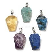Natural Mixed Stone Pendants, Faceted Hexagon Charms with Rack Plating Stainless Steel Color Plated 201 Stainless Steel Snap on Bails, Cadmium Free & Lead Free, 28.5~31x18~20x7~8mm, Hole: 3x8mm(G-G004-06A-M02)