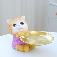 Cute Resin Cat Tray Figurines, Entrance Jewelry Key Storage for Home Desktop Decoration, Violet, 135x110x90mm(PW-WG66233-04)
