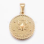 Real 18K Gold Plated 304 Stainless Steel Pendants, Flat Round with Twelve Constellation/Zodiac Sign, Cancer, 29x25x3.2mm, Hole: 9x4.5mm(STAS-H372-01A)