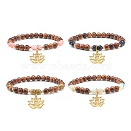 Lotus Charm Bracelet, Wood & Natural & Synthetic Mixed Stone Round Beads Energy Bracelet for Women, Golden, Inner Diameter: 2-1/8 inch(5.5cm)(BJEW-JB07134)