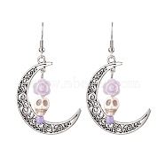 Halloween Alloy Synthetic Turquoise Dangle Earrings,  Brass Resin Earring for Women, Moon with Skull, Lavender, 58x35mm(EJEW-JE05844-02)
