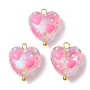 Glass Pendants, with 304 Stainless Steel Loops, Heart Charms, Pink, 15x12.5x6mm, Hole: 1.6mm(PALLOY-JF02488)