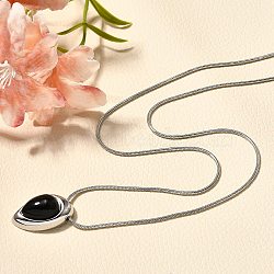 Natural Black Onyx(Dyed & Heated) Teardrop Pendant Necklaces, 304 Stainless Steel Snake Chain Necklaces for Women, Stainless Steel Color, 18.58 inch(47.2cm)(NJEW-C065-01P)