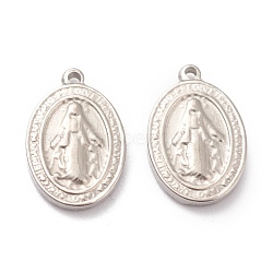 304 Stainless Steel Charms, Oval with Miraculous Medal, Stainless Steel Color, 13.5x9x2mm, Hole: 1mm(STAS-G244-25P)