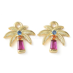 Brass Micro Pave Cubic Zirconia Pendants, Coconut Tree Charms, Rack Plating, Long-Lasting Plated, Cadmium Free & Lead Free, Real 18K Gold Plated, 9.5x9.5x2mm, Hole: 1.2mm(KK-P290-58G)