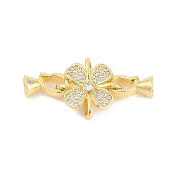 Brass Micro Pave Clear Cubic Zirconia Fold Over Clasps, Flower, Real 18K Gold Plated, 35.5mm(KK-M311-06G)