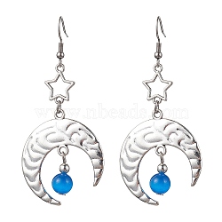 Antique Silver Alloy Star & Moon Dangle Earrings, with Glass Beads, Dodger Blue, 70.5x32.5mm(EJEW-JE05637-04)