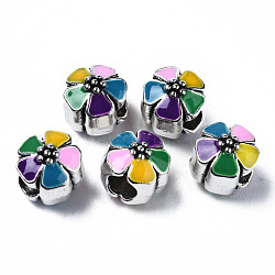 Alloy Enamel European Beads, Large Hole Beads, Cadmium Free & Lead Free, Antique Silver, Flower, Colorful, 10x10x10mm, Hole: 4.5mm(MPDL-T005-006F-RS)
