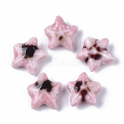 Handmade Porcelain Beads, Fancy Antique Glazed Porcelain, Starfish/Sea Stars, Pink, 19~20x20.5~22.5x7.5~8.5mm, Hole: 2mm(PORC-N004-27I)