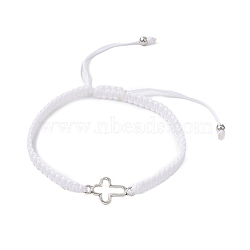 Cross Alloy Connector Charms Braided Bracelets, Adjustable Nylon Cord Bracelets, White, Inner Diameter: 2-1/8~3-1/8 inch(5.5~8cm)(BJEW-JB11067-02)