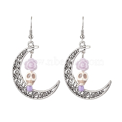 Halloween Alloy Synthetic Turquoise Dangle Earrings,  Brass Resin Earring for Women, Moon with Skull, Lavender, 58x35mm(EJEW-JE05844-02)