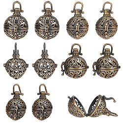 10Pcs 5 Styles Round Brass Hollow Cage Pendants, For Chime Ball Pendant Necklaces Making, Antique Bronze, 27~31x22~29x20~25mm, Hole: 4~6x5~7mm, 2pcs/style(KK-SC0003-05)