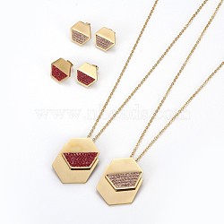 304 Stainless Steel Jewelry Sets, Pendant Necklaces and Stud Earrings, with Polymer Clay Rhinestone, Hexagon, Golden, Mixed Color, 17.7inches(45cm); 18x16x2mm; Pin: 0.7mm(SJEW-F192-05)