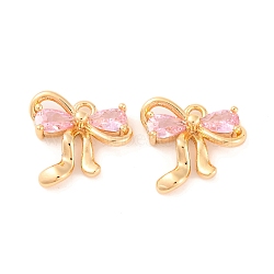 Brass Micro Pave Cubic Zirconia Charms, Cadmium Free & Nickel Free & Lead Free, Bowknot, Pink, 12x13x3.5mm, Hole: 1.4mm(KK-S389-03G-01)