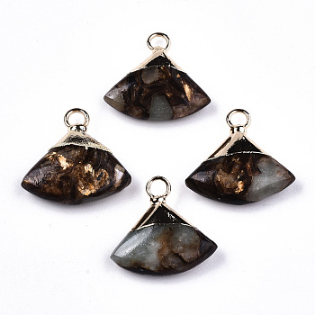 Fan Assembled Synthetic Bronzite and Aqua Terra Jasper Pendants, with Iron Loop and Light Gold Plated Brass Top, 18~19x18~19x5~6mm, Hole: 2mm