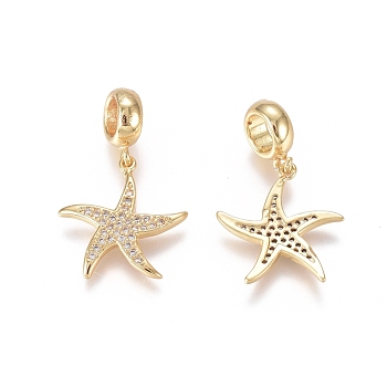 Brass Micro Pave Clear Cubic Zirconia European Dangle Charms, Large Hole Pendants, Starfish/Sea Stars, Golden, 27mm, Hole: 5mm, Starfish/Sea Stars: 17x16x2mm