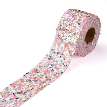 Polyester Elastic Sequin Ribbons, with Bling Paillette, Light Coral, 2-3/8 inch(60mm), 10 yards(9.14m)/roll