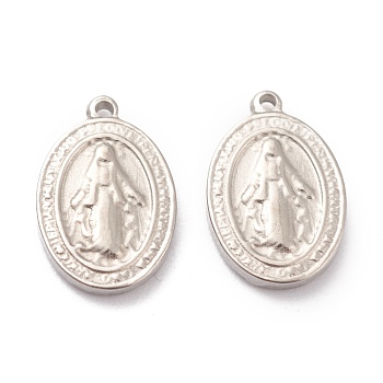 304 Stainless Steel Charms, Oval with Miraculous Medal, Stainless Steel Color, 13.5x9x2mm, Hole: 1mm