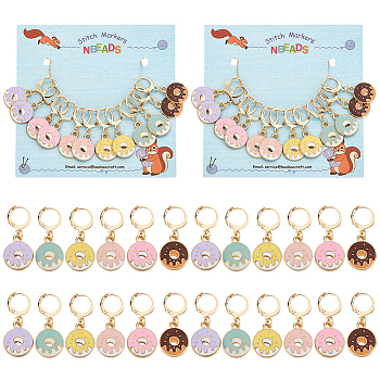 12Pcs 6 Colors Alloy Enamel Donut Charm Locking Stitch Markers, Golden Tone 304 Stainless Steel Clasp Locking Stitch Marker, Mixed Color, 3.3cm, 2pcs/color