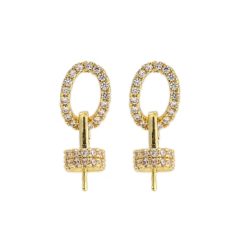 Rack Plating Brass Micro Pave Clear Cubic Zirconia Stud Earrings Findings, with Pin Bails, Long-Lasting Plated, Lead Free & Cadmium Free, Oval, Golden, 21mm, Pin: 0.6mm and 0.7mm