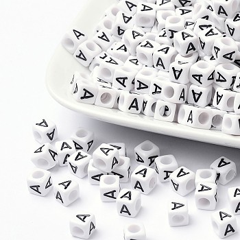 Letter Acrylic European Beads, Horizontal Hole, Cube, Letter.A, 10x10x10mm, Hole: 3.5~4mm, about 598pcs/500g