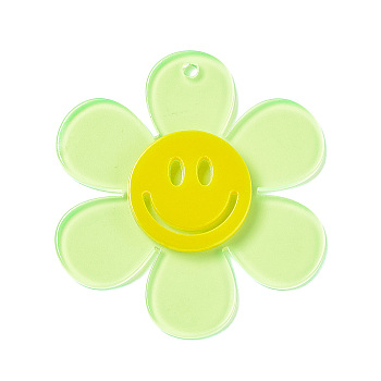 Transparent Acrylic Big Pendants, Sunflower with Smiling Face Charm, Pale Green, 55x50.5x6mm, Hole: 2.5mm