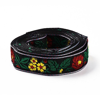 Ethnic Style Embroidery Cotton Ribbon, Flower Pattern, for Garment Accessories, Dark Green, 1-1/8 inch(30mm)