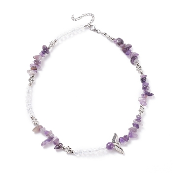 Natural Amethyst Chip Beaded Necklace with Wing, Gemstone Jewelry for Women, 16.14~16.54 inch(41~42cm)
