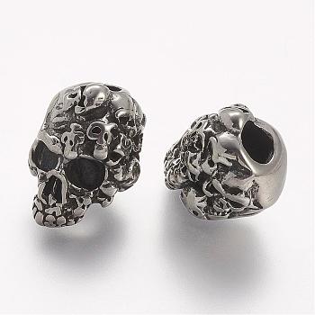 304 Stainless Steel European Beads, Skull, Large Hole Beads, Antique Silver, 15.5x11x11.5mm, Hole: 4mm