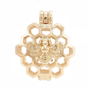 Alloy Locket Pendants, Diffuser Locket, Hollow, Honeycomb with Bee, Golden, 26x22x13mm, Hole: 4x3mm, Inner Measure: 18mm