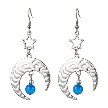 Antique Silver Alloy Star & Moon Dangle Earrings, with Glass Beads, Dodger Blue, 70.5x32.5mm