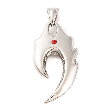 316 Surgical Stainless Steel Pendants, with Rhinestone, Flame Wolf Fang Charm, Stainless Steel Color, 23x45x6.5mm, Hole: 9x4.5mm