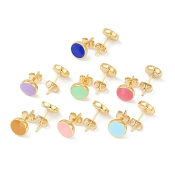 Golden Plated Brass Enamel Stud Earrings, with Ear Nuts, Flat Round, Mixed Color, 9mm, Pin: 0.6mm