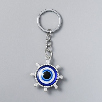 CCB Plastic Pendant Keychains, with Resin Evil Eye and Alloy Key Rings, Boat Helm, Blue, 10.5cm